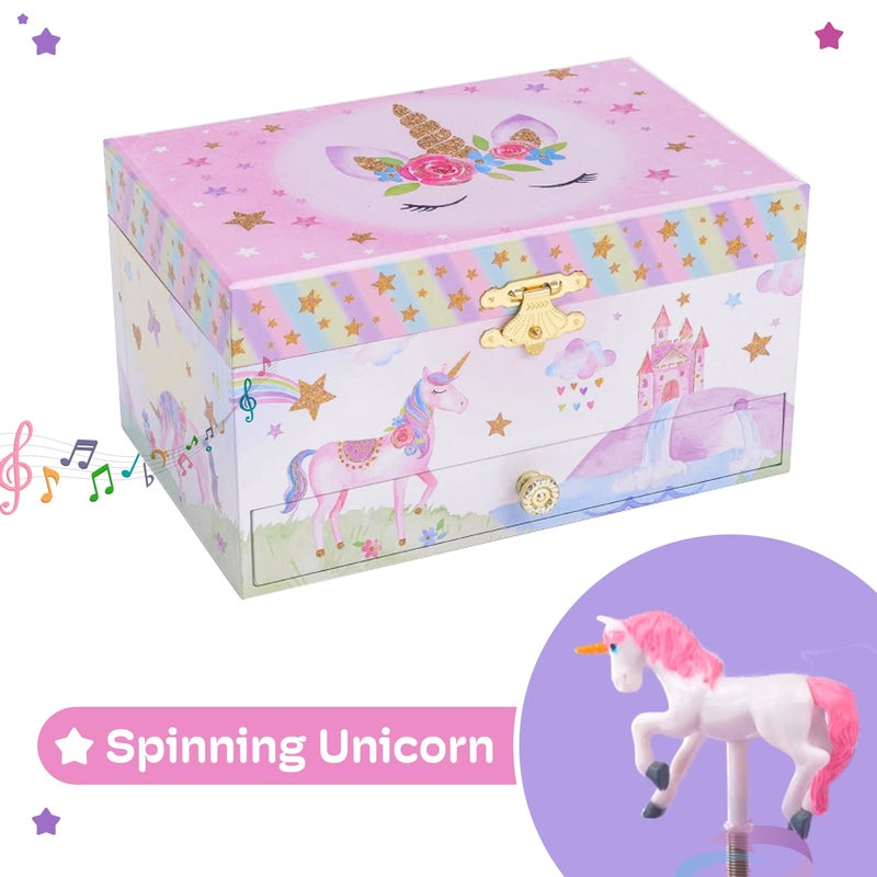 JewelKeeper صندوق مجوهرات جويل كيبر للفتيات - صندوق مجوهرات للأطفال مع 1 درج - صندوق مجوهرات خشبي - صناديق مجوهرات موسيقية على شكل يونيكورن، لحن الحالم الجميل - هدايا رائعة للفتيات بعمر 5 سنوات - Image 5