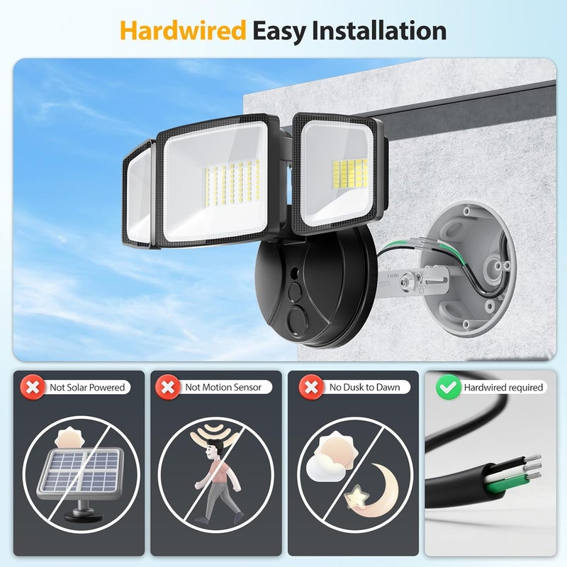 Onforu 75W Flood Lights Outdoor, 7000LM Brightness Security Lights Switch Controlled, 3 Adjustable Heads, IP65 Waterproof, 6500K Wall Mount Exterior LED Flood Light - Image 2