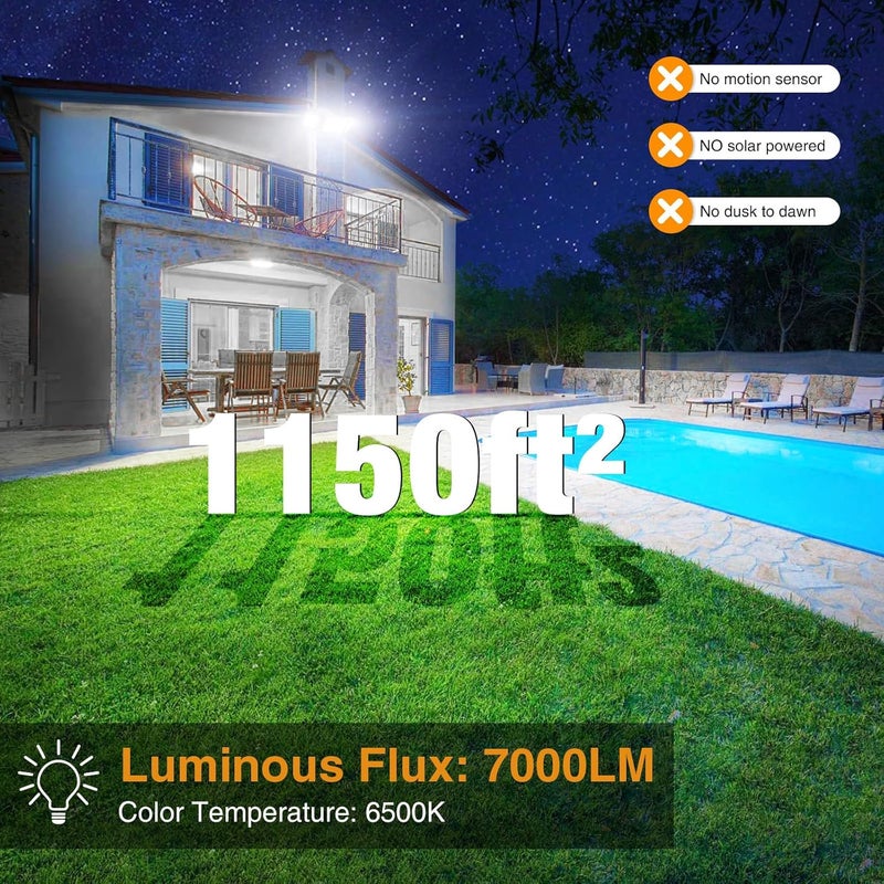Onforu 75W Flood Lights Outdoor, 7000LM Brightness Security Lights Switch Controlled, 3 Adjustable Heads, IP65 Waterproof, 6500K Wall Mount Exterior LED Flood Light - Image 3