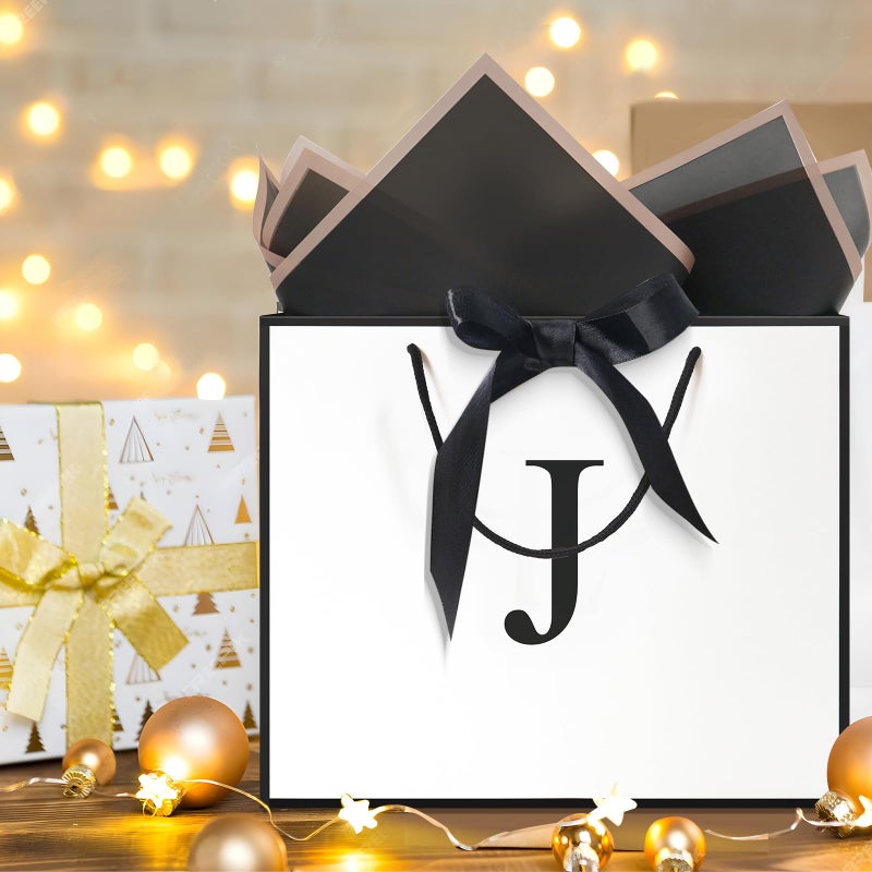 QLSKO Monogrammed Gift Wrap Bag Personalized Initial Paper Bag with Card Matching Envelope Sticker,Bow Ribbon and Wrapping Tissue Birthday Gifts for Women Men (White, J-Medium) - Image 5