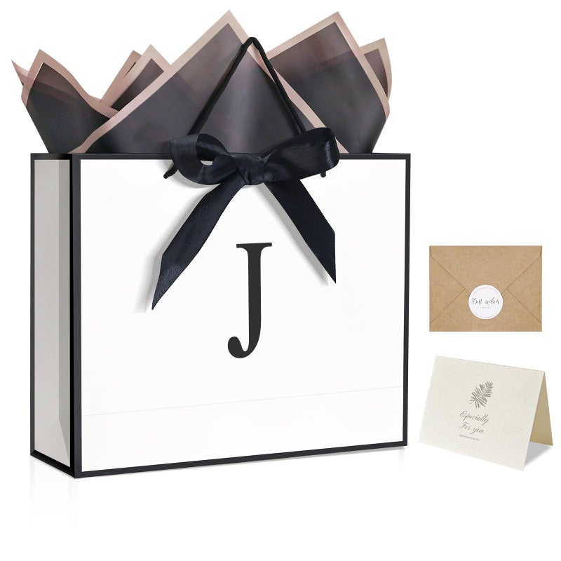 QLSKO Monogrammed Gift Wrap Bag Personalized Initial Paper Bag with Card Matching Envelope Sticker,Bow Ribbon and Wrapping Tissue Birthday Gifts for Women Men (White, J-Medium) - Image 1