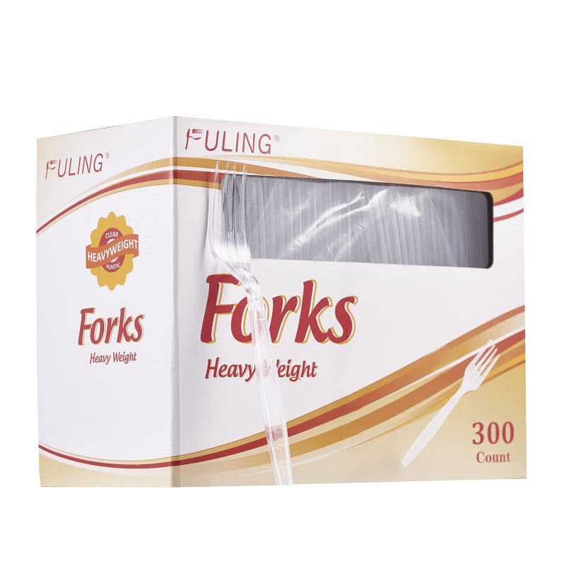 FULING Plastic Forks 300 Pack Heavyweight Disposable Forks Plastic Clear Forks Heavy Duty Forks Every 100 Packs a Total of 3 Packs
