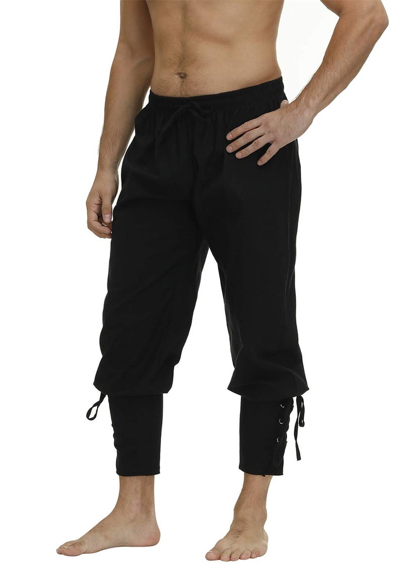 Zhitunemi Men's Ankle Banded Cuff Renaissance Pants Medieval Viking Navigator Trousers Pirate Cosplay Costume with Drawstrings Black-XL - Image 1