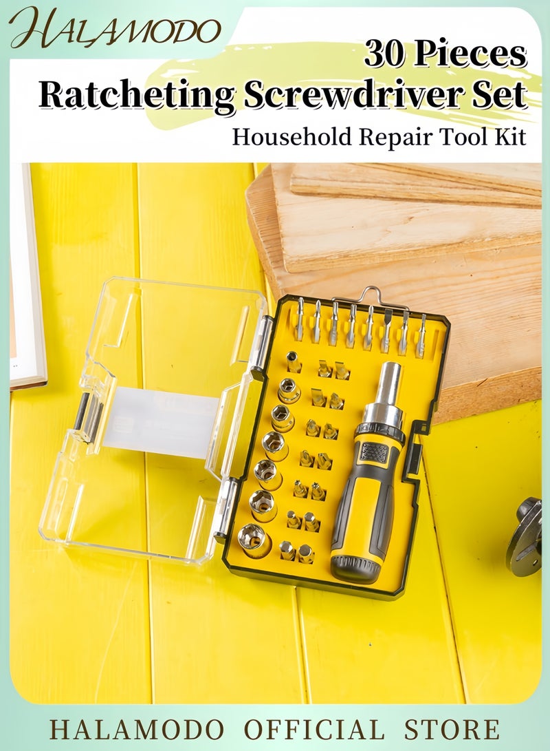 HALAMODO 30-Piece Precision Screwdriver Set with Ratchet Wrench Socket and Tool Storage Case Household Repair Kit for Bikes Watches Glasses Phones and More  - Image 1