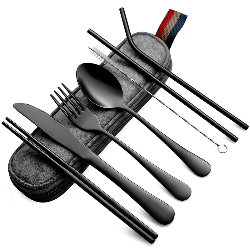 DEVICO Portable Utensils, Travel Camping Cutlery Set, 8-Piece including Knife Fork Spoon Chopsticks Cleaning Brush Straws Portable Case, Stainless Steel Flatware set (Black) - Image 1