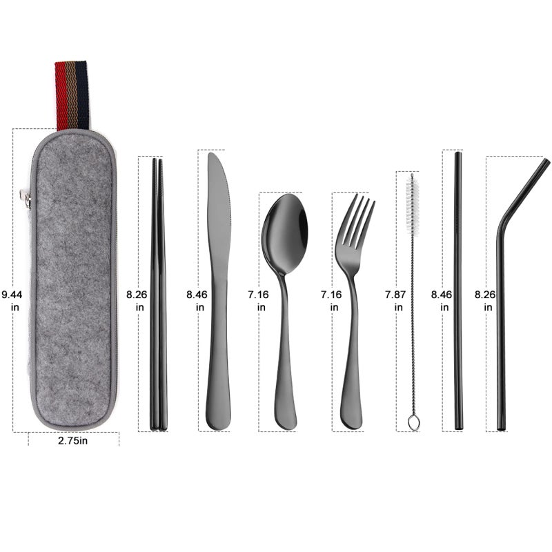 DEVICO Portable Utensils, Travel Camping Cutlery Set, 8-Piece including Knife Fork Spoon Chopsticks Cleaning Brush Straws Portable Case, Stainless Steel Flatware set (Black) - Image 2