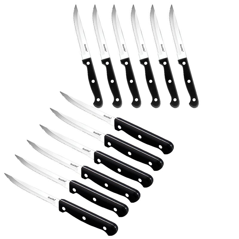 dearithe SerratedSteak Knives Set of 12 Black FullTang Triple Rivet Steak Knife Sets 45 Inch For Kitchen Restaurant Tableware Camping Dishwasher Safe Stainless Steel Sharp Blade