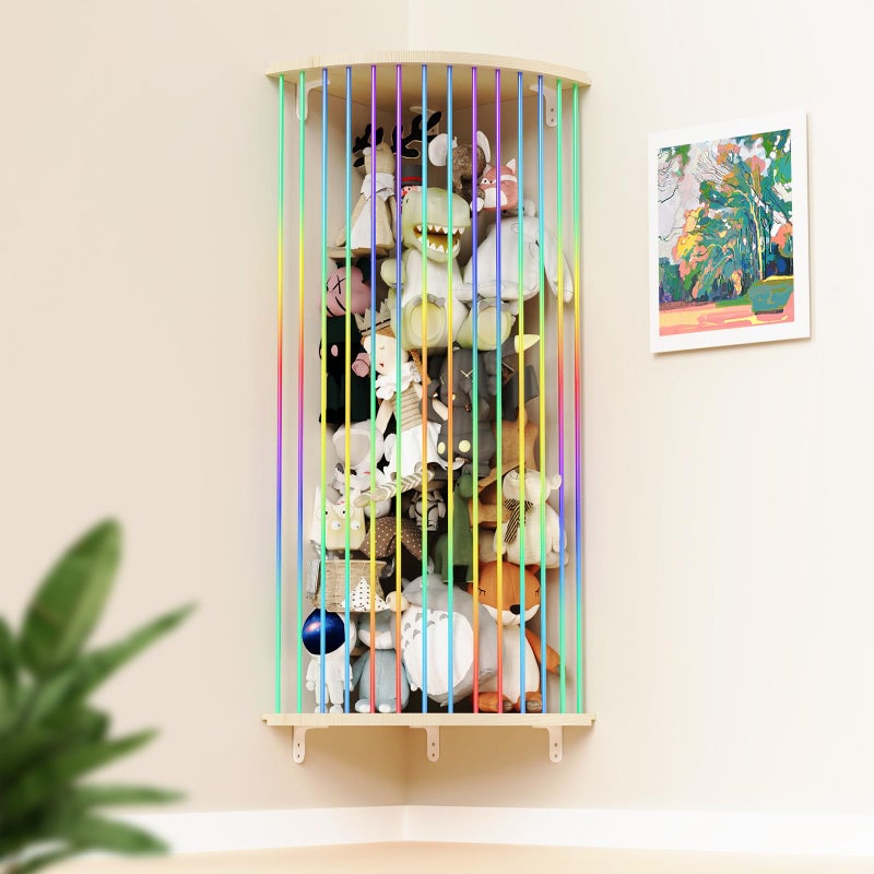 Vomelon Stuffed Animal Storage Wood Soft Toy Shelf with Adjustable Length Nursery Toy Organizer Hammock Hanging Corner Net Stuff Animal Holder ZooPlush Toy Organizer for Play Room Bedroom Kids Room Dcor - Image 2