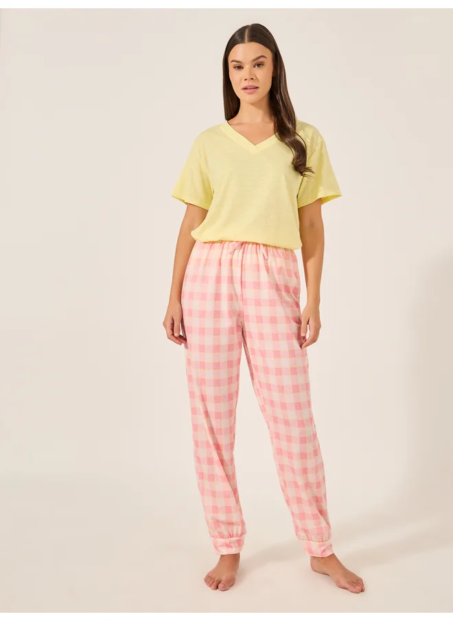 ستايلي Styli Unwind V-Neck T-Shirt and Checked Cuffed Pajama Set