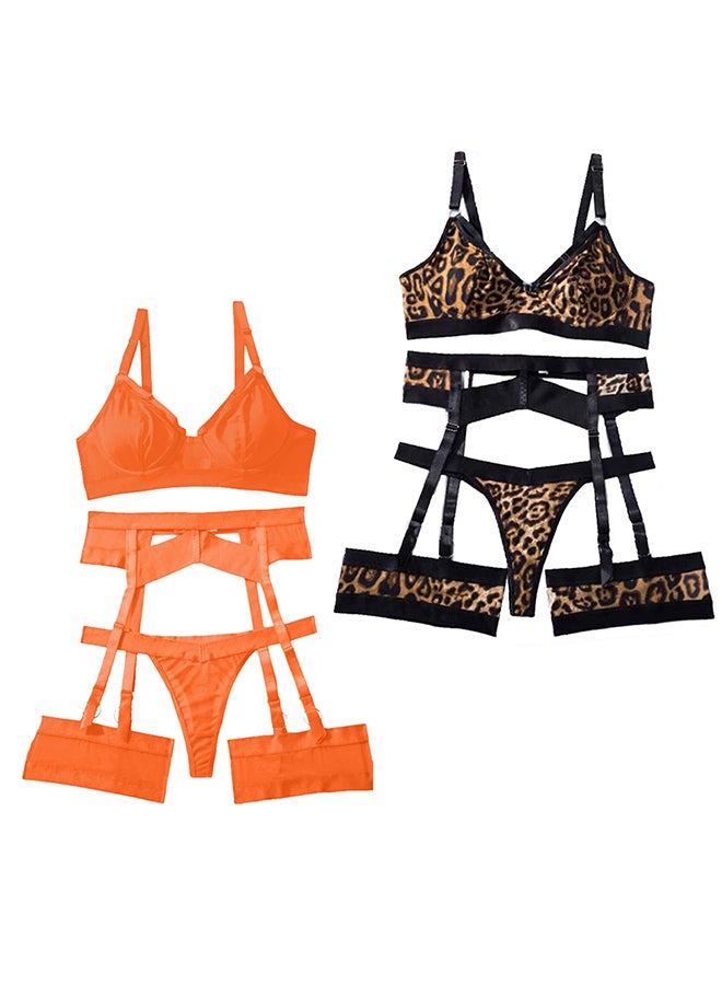 MARGOUN 2 Pack Medium Size Women Sheer Mesh Garter Lingerie Set Strappy Teddy Babydoll Bra and Panty with Leg Ring 4 Piece Lingerie Set
