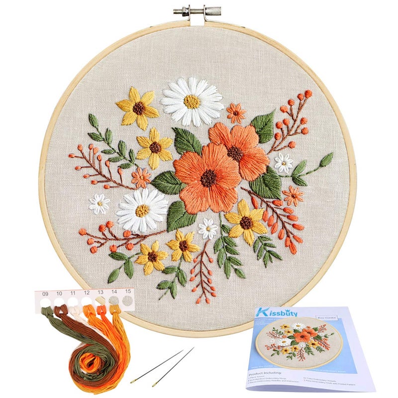 Kissbuty KISSBUTY Embroidery Starter Kit with Pattern Bamboo Hoop Color Threads Flaxen Fabric Floral Design Kid Art Craft Kit