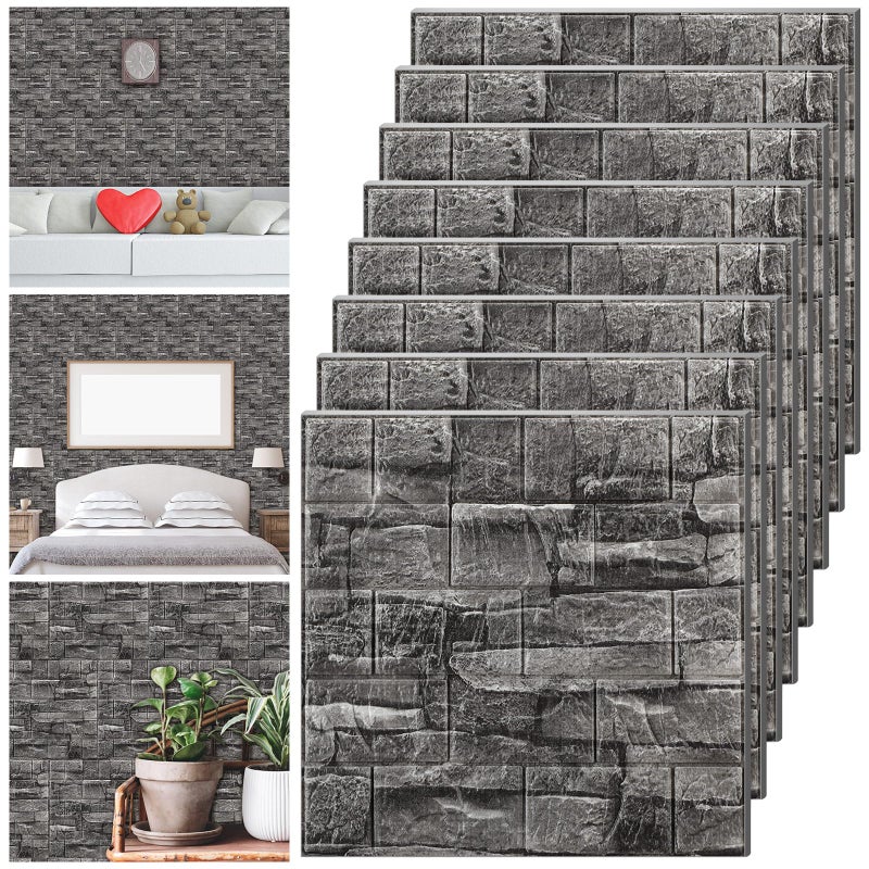 Tinlade 30 Pcs 28.81 Sq ft 3D Wall Panels Peel and Stick Foam Brick Wallpaper Printable Faux Brick Wall Panels Decorative Self Adhesive Tiles Waterproof(Rock Black) - Image 1