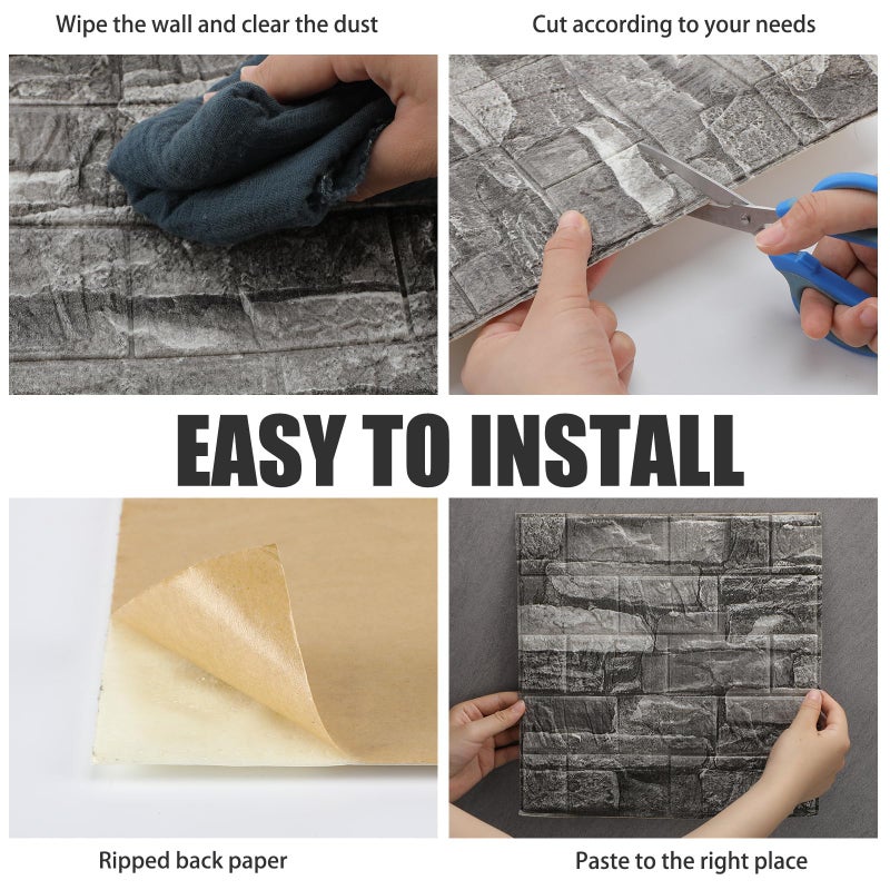 Tinlade 30 Pcs 28.81 Sq ft 3D Wall Panels Peel and Stick Foam Brick Wallpaper Printable Faux Brick Wall Panels Decorative Self Adhesive Tiles Waterproof(Rock Black) - Image 3