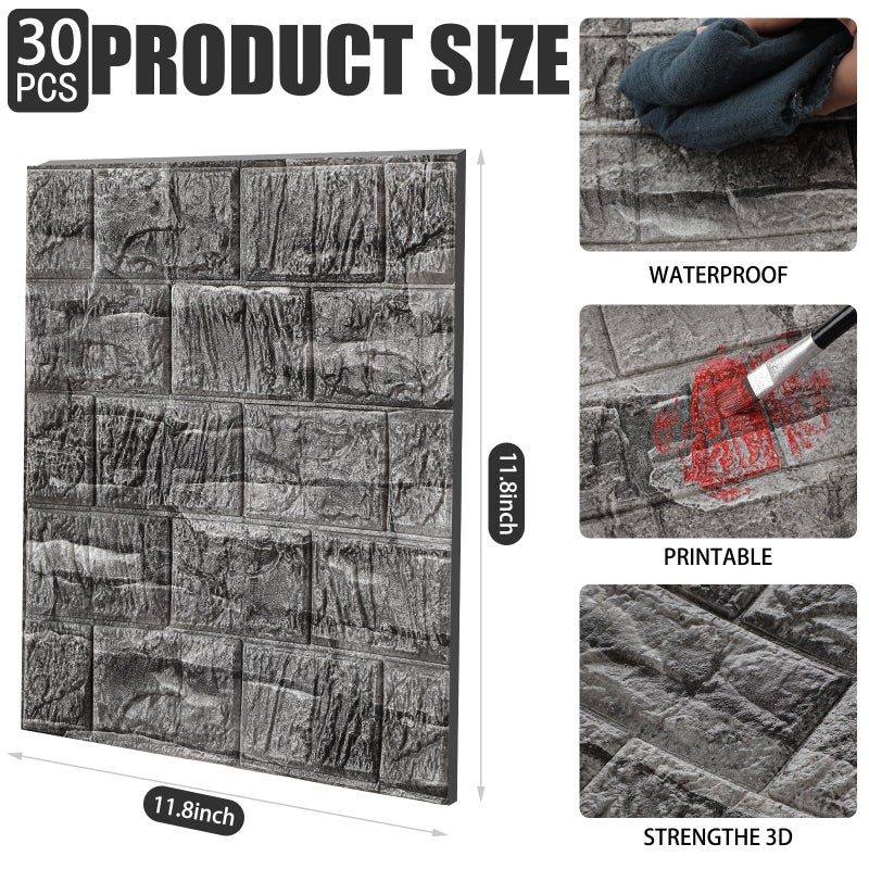 Tinlade 30 Pcs 28.81 Sq ft 3D Wall Panels Peel and Stick Foam Brick Wallpaper Printable Faux Brick Wall Panels Decorative Self Adhesive Tiles Waterproof(Rock Black) - Image 2