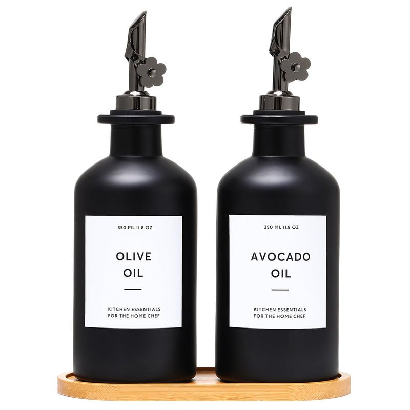 HOMCDALY Olive Oil Dispenser for Kitchen 118oz Glass Kitchen Dispenser Bottle Black OilVinegar Cruet Set Leakproof Olive Oil Bottles  Set of 2 118oz  Black