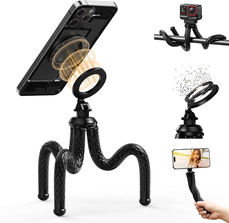 Magnetic Flexible Phone Tripod, Mini Tripod Stand, Bendable Place Phone Holder, Selfie Stick for Video Recording, Compatible with iPhone and Android Phones - Image 3