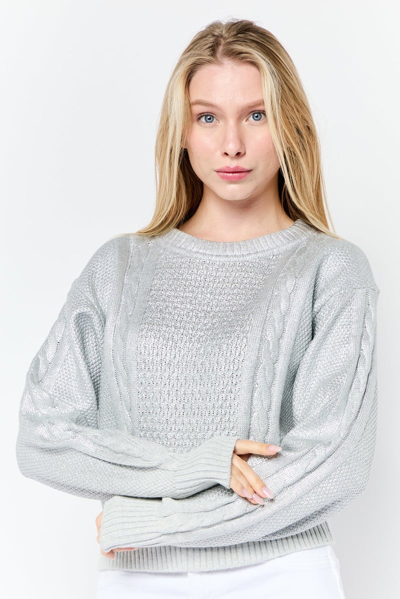 ESPRIT Women Round Neck Textured Long Sleeves Sweater, Silver - Image 1