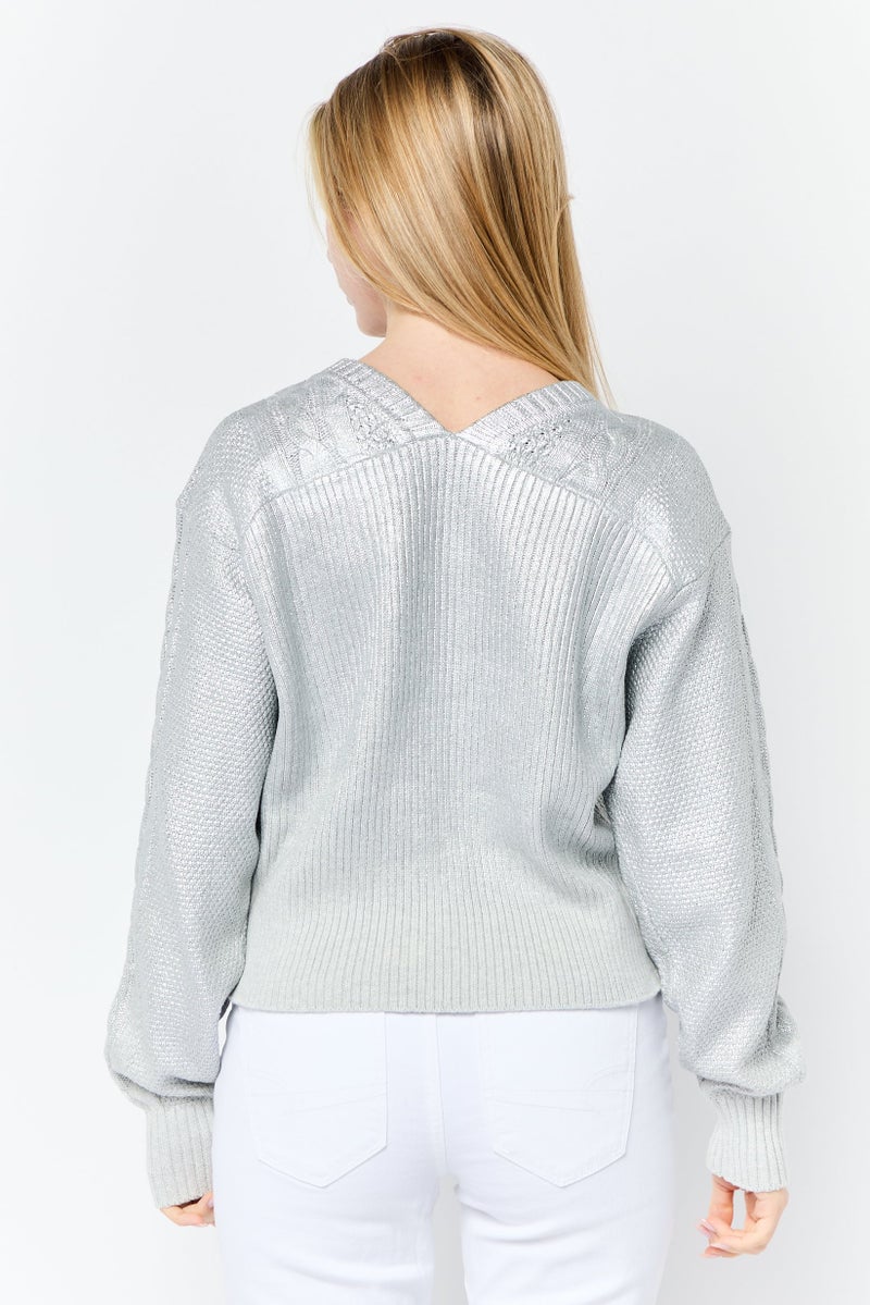 ESPRIT Women Round Neck Textured Long Sleeves Sweater, Silver - Image 4