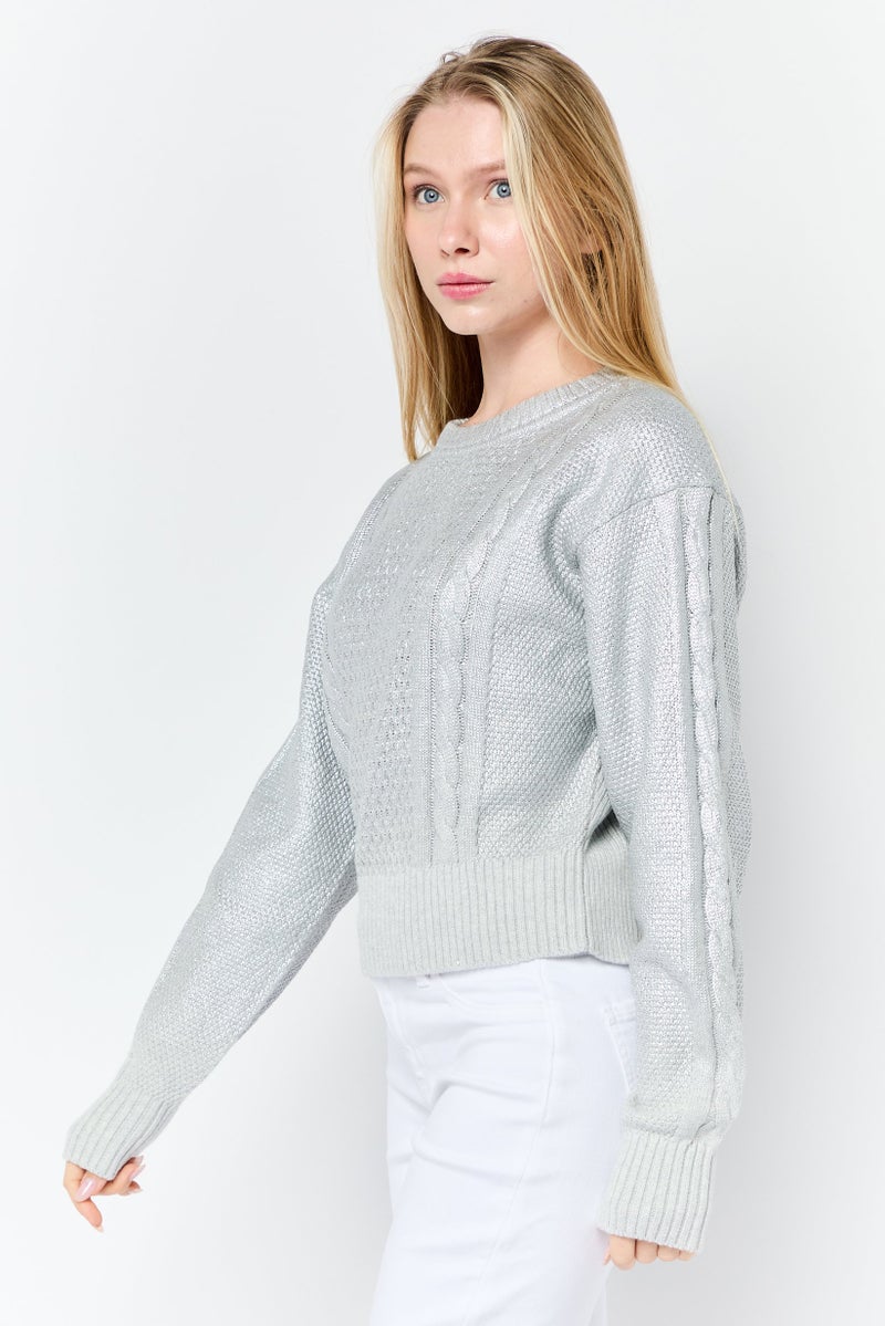 ESPRIT Women Round Neck Textured Long Sleeves Sweater, Silver - Image 3