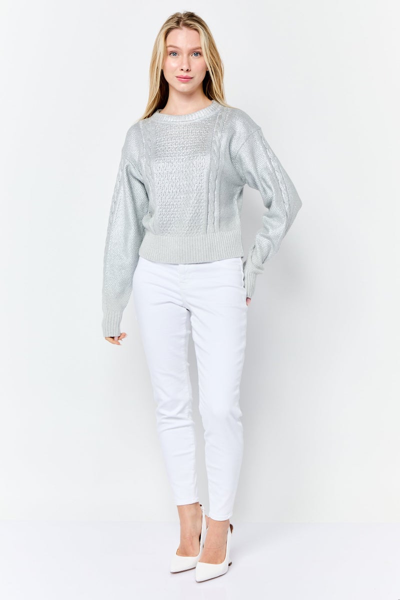 ESPRIT Women Round Neck Textured Long Sleeves Sweater, Silver - Image 2