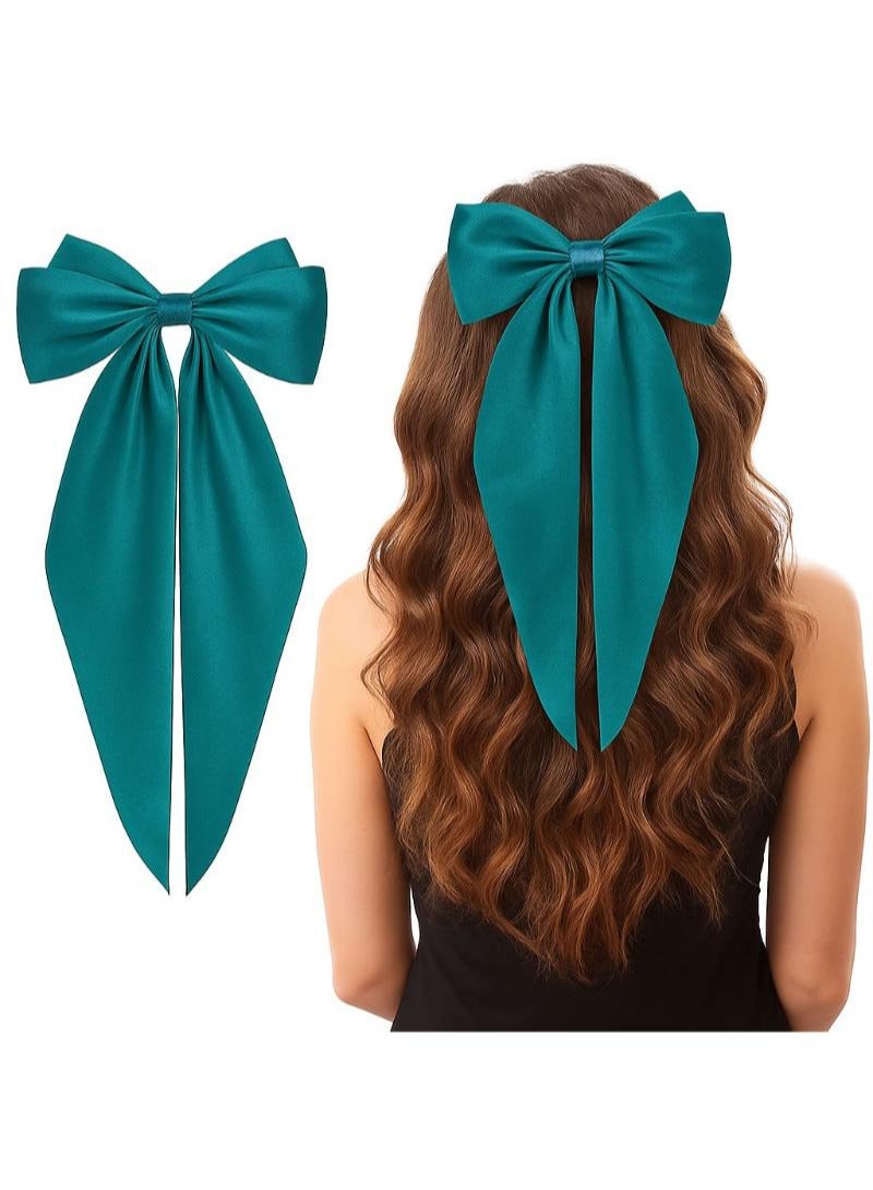 مشابك شعر، فيونكة كبيرة، مشابك شعر من الساتان الحريري، مشابك شعر طويلة على شكل ذيل فرنسي، دبابيس شعر معدنية، إكسسوارات شعر (أخضر غامق)