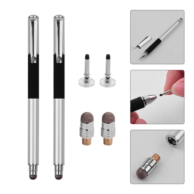 2-in-1 Precision Stylus Pen with Clip and Conductive Head and Disc Tip Universal Touchscreen Pen for All Capacitive Touchscreens Cell Phones Tablets Pack of 2pcs Silver&Silver - Image 3