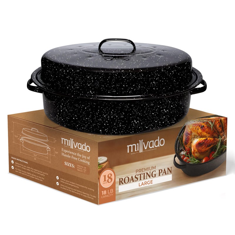 Millvado Millvado Roasting Pan With Lid Turkey Roaster Pan Extra Large 15 lb Capacity 18 Granite Oven Roaster Oval Shaped Speckled Enamel on Steel Cookware 