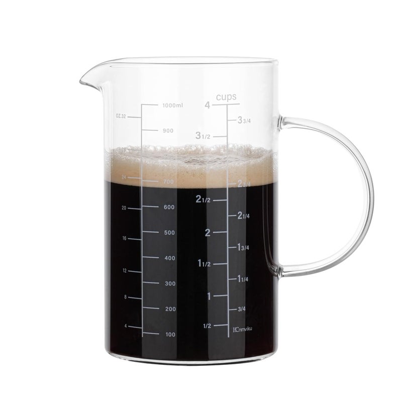 BCnmviku Glass Measuring Cup Insulated handle VShaped Spout High Borosilicate Glass Measuring Cup 1000ML 1 Liter 4 Cup for Kitchen or Restaurant Easy To Read 1000ml1pcs