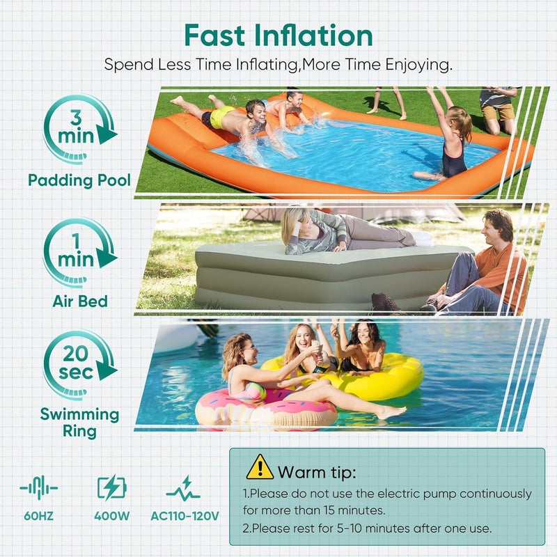 MAACLOUD Electric Air Pump for Inflatable Pool Toys - High Power Quick-Fill Air Mattress Inflator Deflator Pump for Pool Float Raft Gymnastics Track Mat, Portable Air Pump 4 Nozzles AC 110-120V (400W) - Image 2