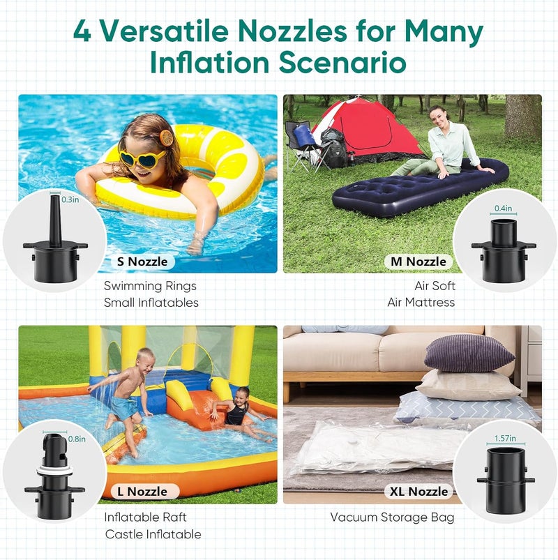 MAACLOUD Electric Air Pump for Inflatable Pool Toys - High Power Quick-Fill Air Mattress Inflator Deflator Pump for Pool Float Raft Gymnastics Track Mat, Portable Air Pump 4 Nozzles AC 110-120V (400W) - Image 4