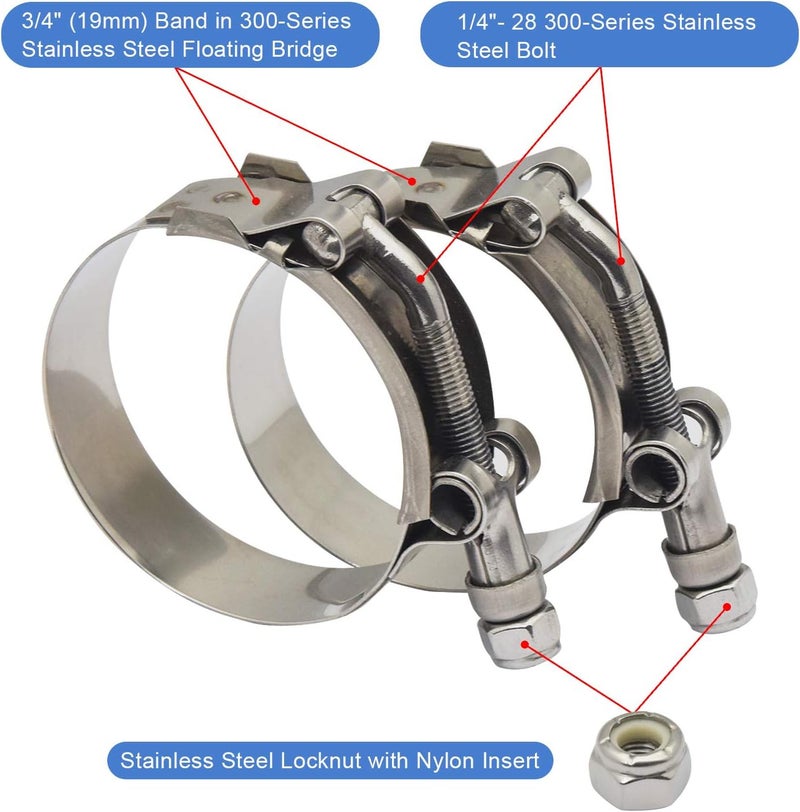 ROADFORMER 71mm - 79mm T-Bolt Hose O.D. Clamp - Working Range 2.81" - 3.11" Clamp for 3 inch Hose OD, Stainless Steel Bolt, SS Band Floating Bridge and Nylon Insert Locknut (71mm - 79mm, 2 pack) - Image 2