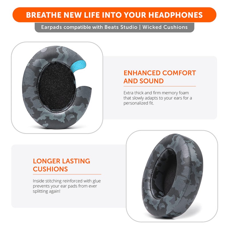 WC Wicked Cushions Replacement Ear Pads for Beats Studio 2 & 3 (B0501, B0500) Wired & Wireless | Does NOT Fit Beats Solo | Softer PU Leather, Enhanced Foam & Stronger Adhesive | Black Camo - Image 4
