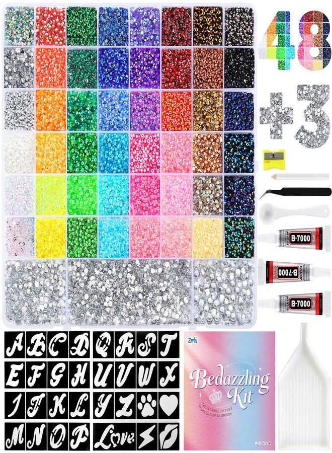 Zefy 56000 Pcs Resin Jelly Rhinestones for Bedazzling, 48 Colors 3 mm & Silver 2/3/4/5/6 mm Bedazzling Kit with 2 Pcs Stencils, Flatback Gems with 3Pcs B7000 Glue for Clothing Nail Diamond Art - Image 1