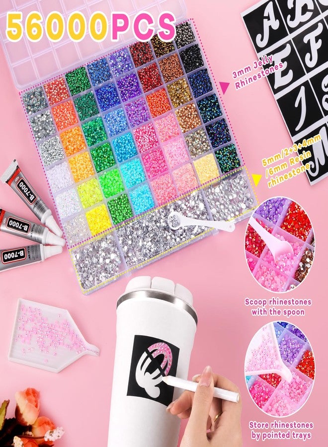 Zefy 56000 Pcs Resin Jelly Rhinestones for Bedazzling, 48 Colors 3 mm & Silver 2/3/4/5/6 mm Bedazzling Kit with 2 Pcs Stencils, Flatback Gems with 3Pcs B7000 Glue for Clothing Nail Diamond Art - Image 2