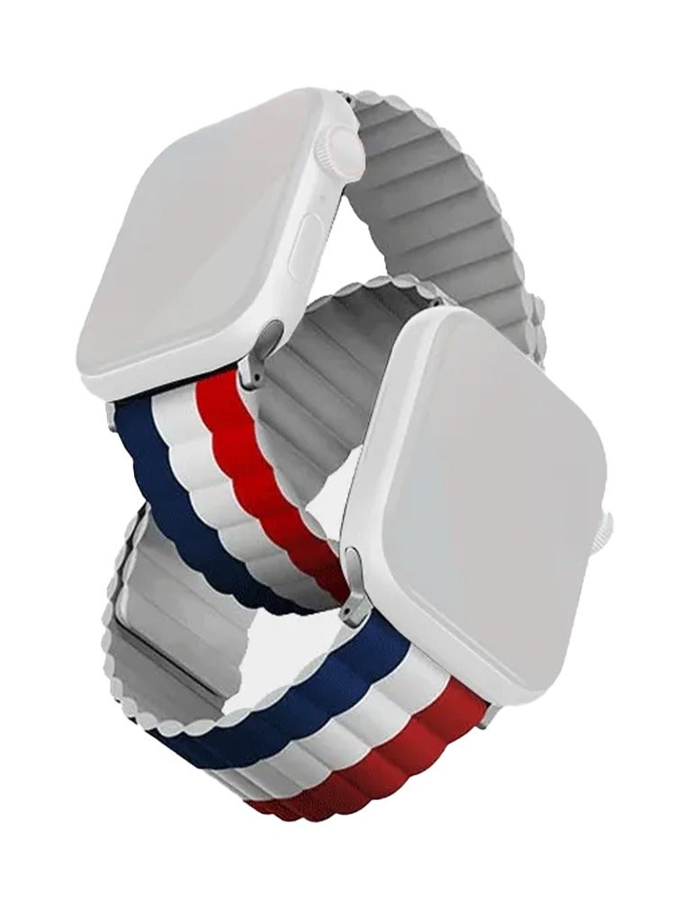 يونيك أشرطة ساعة UNIQ Apple Watch 45MM مغناطيسية عكسية من السيليكون الأحمر، الأزرق والأبيض - Image 1