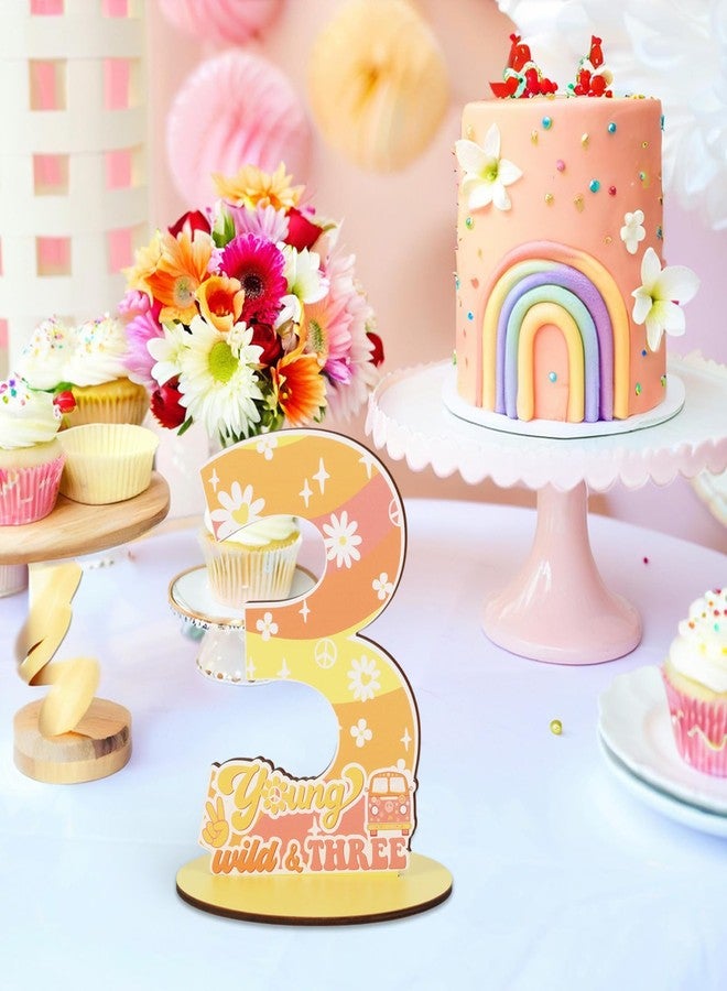 CORNER LACE Groovy 3rd Birthday Number Sign Centerpiece, Young Wild and Three Themed Wooden Table Decoration Yellow Orange Pink, Three Years Old Birthday Parties Photo Props Supplies Decor - Image 4