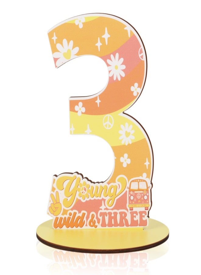 CORNER LACE Groovy 3rd Birthday Number Sign Centerpiece, Young Wild and Three Themed Wooden Table Decoration Yellow Orange Pink, Three Years Old Birthday Parties Photo Props Supplies Decor - Image 1