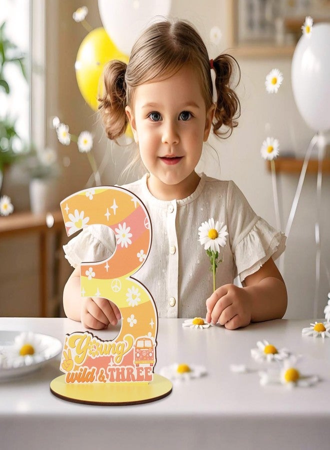 CORNER LACE Groovy 3rd Birthday Number Sign Centerpiece, Young Wild and Three Themed Wooden Table Decoration Yellow Orange Pink, Three Years Old Birthday Parties Photo Props Supplies Decor - Image 2