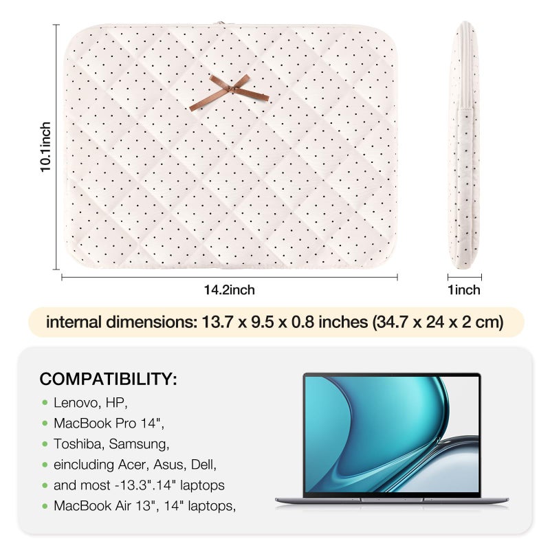 dadop Cute Bow Laptop Sleeve 14 Inch for 14" MacBook, Puffy Quilted Laptop Case Computer Cover for 14" MacBook, Hp, Dell, Lenovo, Acer, Chromebook - Image 3