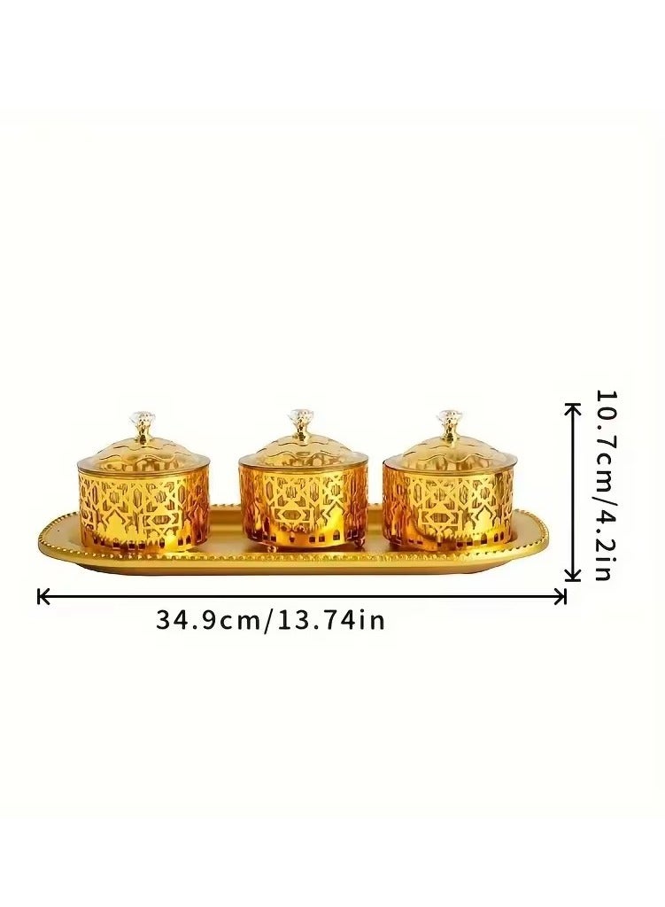 Beauenty Ramadan Gold Metal Snack Dessert Tray  Ramadan Eid Party Home Tableware Decoration 3 Trays and 1 Plate Per Set - Image 3
