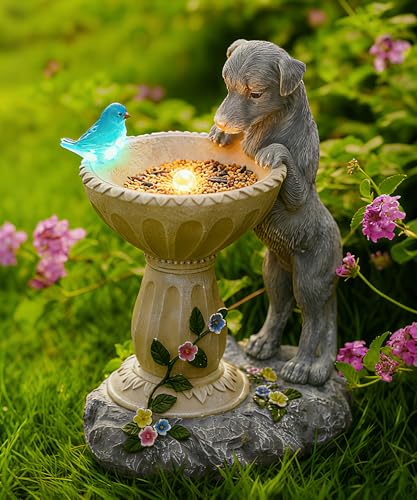 Nacome Solar Dog Garden Statues: Weatherproof Resin Decor with Automatic Lighting - Outdoor Yard Lawn Patio Balcony Art - Gifts for Mom Grandma Women Bird Lovers - Image 1