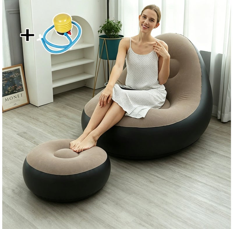 PVC Flocked Inflatable Lazy Sofa with Foot Stool, Foldable Single Person Recliner Sofa Chair with Air Pump - Image 1