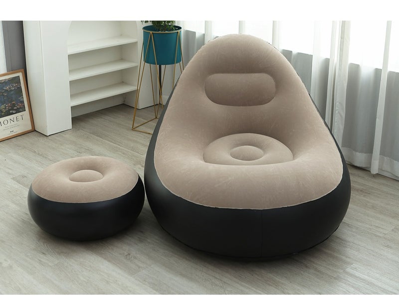 PVC Flocked Inflatable Lazy Sofa with Foot Stool, Foldable Single Person Recliner Sofa Chair with Air Pump - Image 2