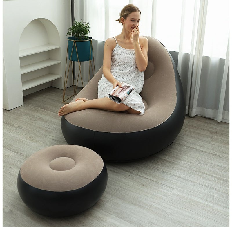 PVC Flocked Inflatable Lazy Sofa with Foot Stool, Foldable Single Person Recliner Sofa Chair with Air Pump - Image 4