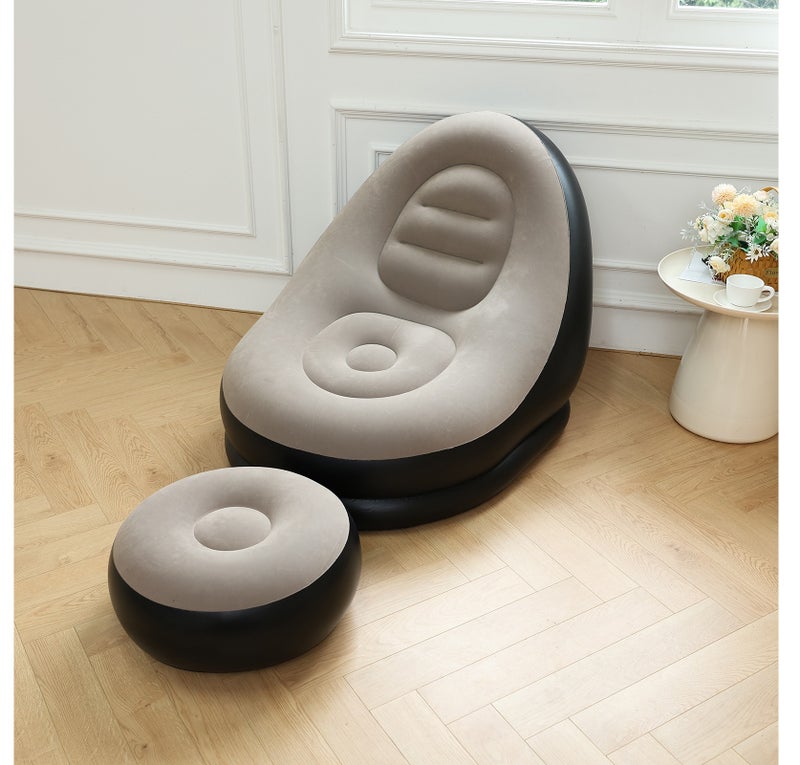 PVC Flocked Inflatable Lazy Sofa with Foot Stool, Foldable Single Person Recliner Sofa Chair with Air Pump - Image 5