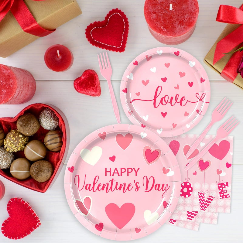 SpinLaLa 96 Pieces Valentineâ€™s Day Tableware Set â€“ Pink Heart Disposable Plates, Napkins, and Forks with â€œLoveâ€ and â€œHappy Valentineâ€™s Dayâ€ Designs for Romantic Dinners, Weddings, and Parties â€“ Serves 24 - Image 4