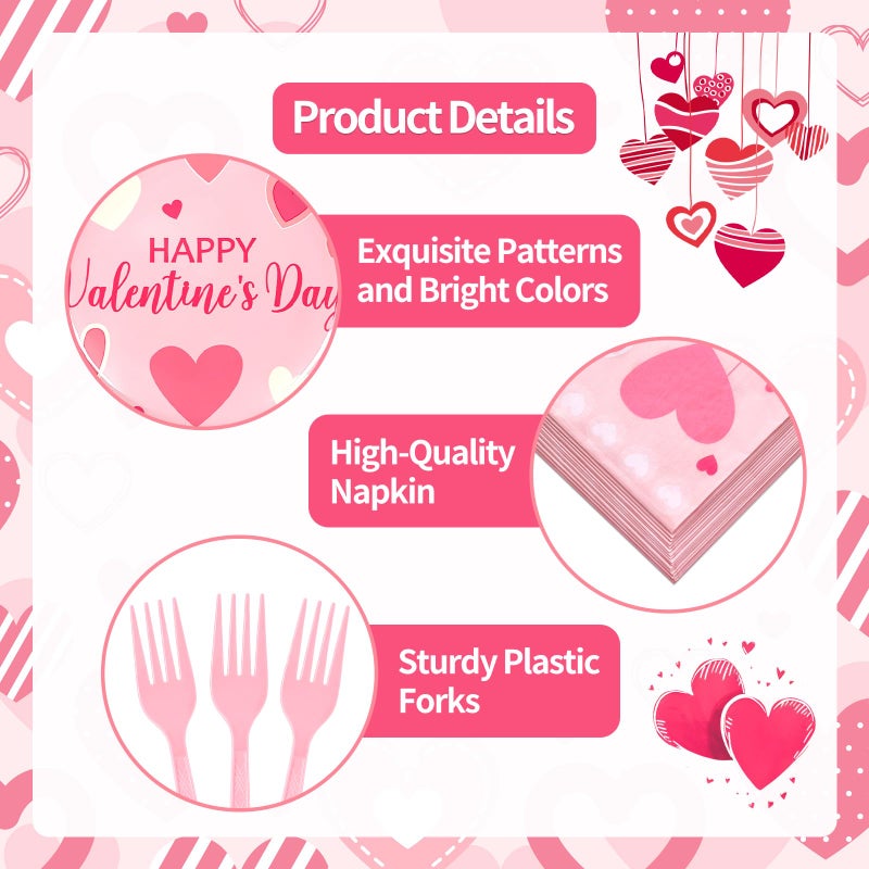 SpinLaLa 96 Pieces Valentineâ€™s Day Tableware Set â€“ Pink Heart Disposable Plates, Napkins, and Forks with â€œLoveâ€ and â€œHappy Valentineâ€™s Dayâ€ Designs for Romantic Dinners, Weddings, and Parties â€“ Serves 24 - Image 3