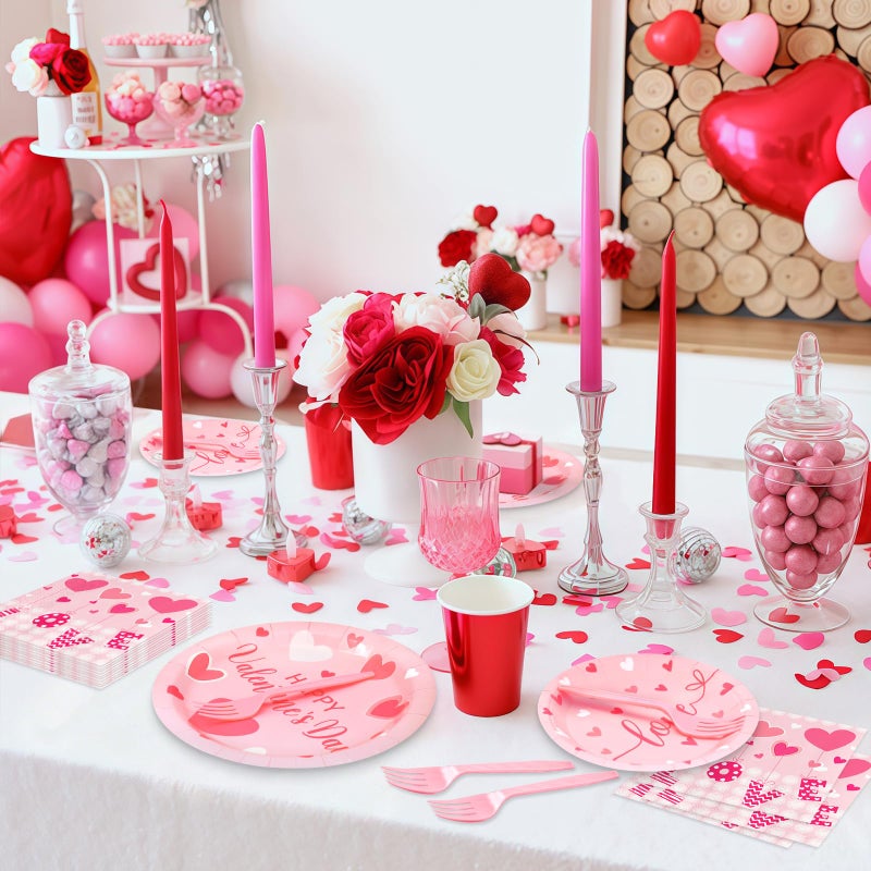 SpinLaLa 96 Pieces Valentineâ€™s Day Tableware Set â€“ Pink Heart Disposable Plates, Napkins, and Forks with â€œLoveâ€ and â€œHappy Valentineâ€™s Dayâ€ Designs for Romantic Dinners, Weddings, and Parties â€“ Serves 24 - Image 5