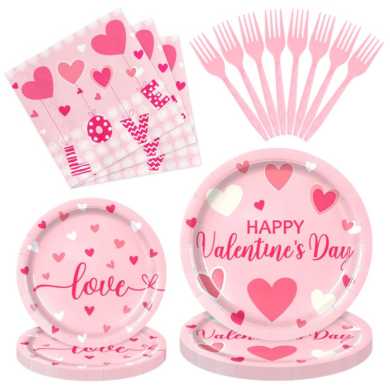 SpinLaLa 96 Pieces Valentineâ€™s Day Tableware Set â€“ Pink Heart Disposable Plates, Napkins, and Forks with â€œLoveâ€ and â€œHappy Valentineâ€™s Dayâ€ Designs for Romantic Dinners, Weddings, and Parties â€“ Serves 24 - Image 1