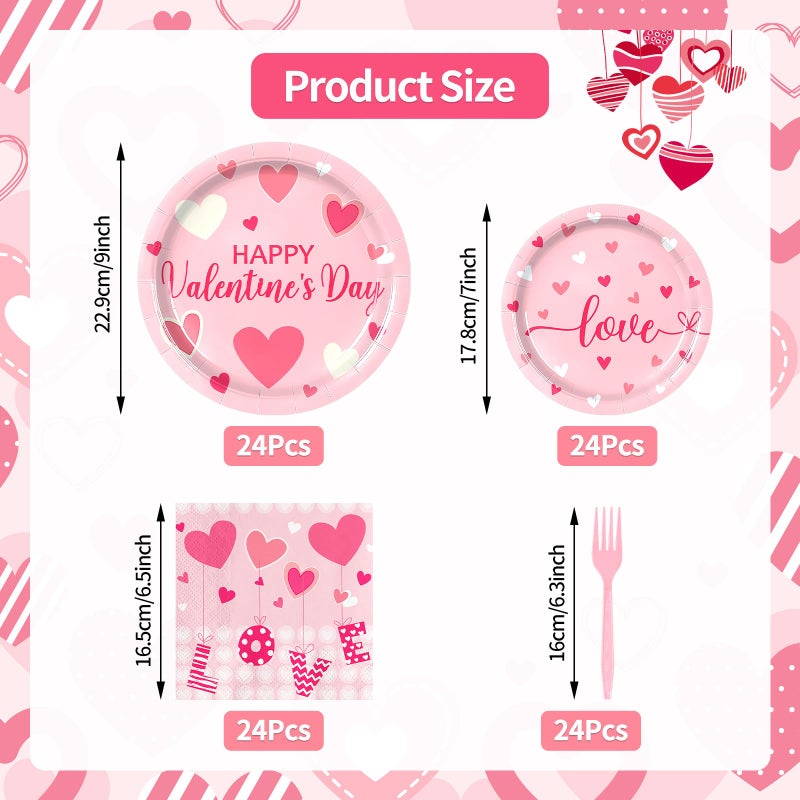 SpinLaLa 96 Pieces Valentineâ€™s Day Tableware Set â€“ Pink Heart Disposable Plates, Napkins, and Forks with â€œLoveâ€ and â€œHappy Valentineâ€™s Dayâ€ Designs for Romantic Dinners, Weddings, and Parties â€“ Serves 24 - Image 2